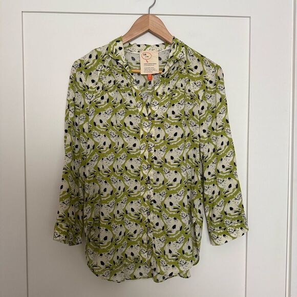 Conversations By Anthropologie 16 of 52 Blouse Sz 2 Green Cats Print Button Up - Picture 1 of 12